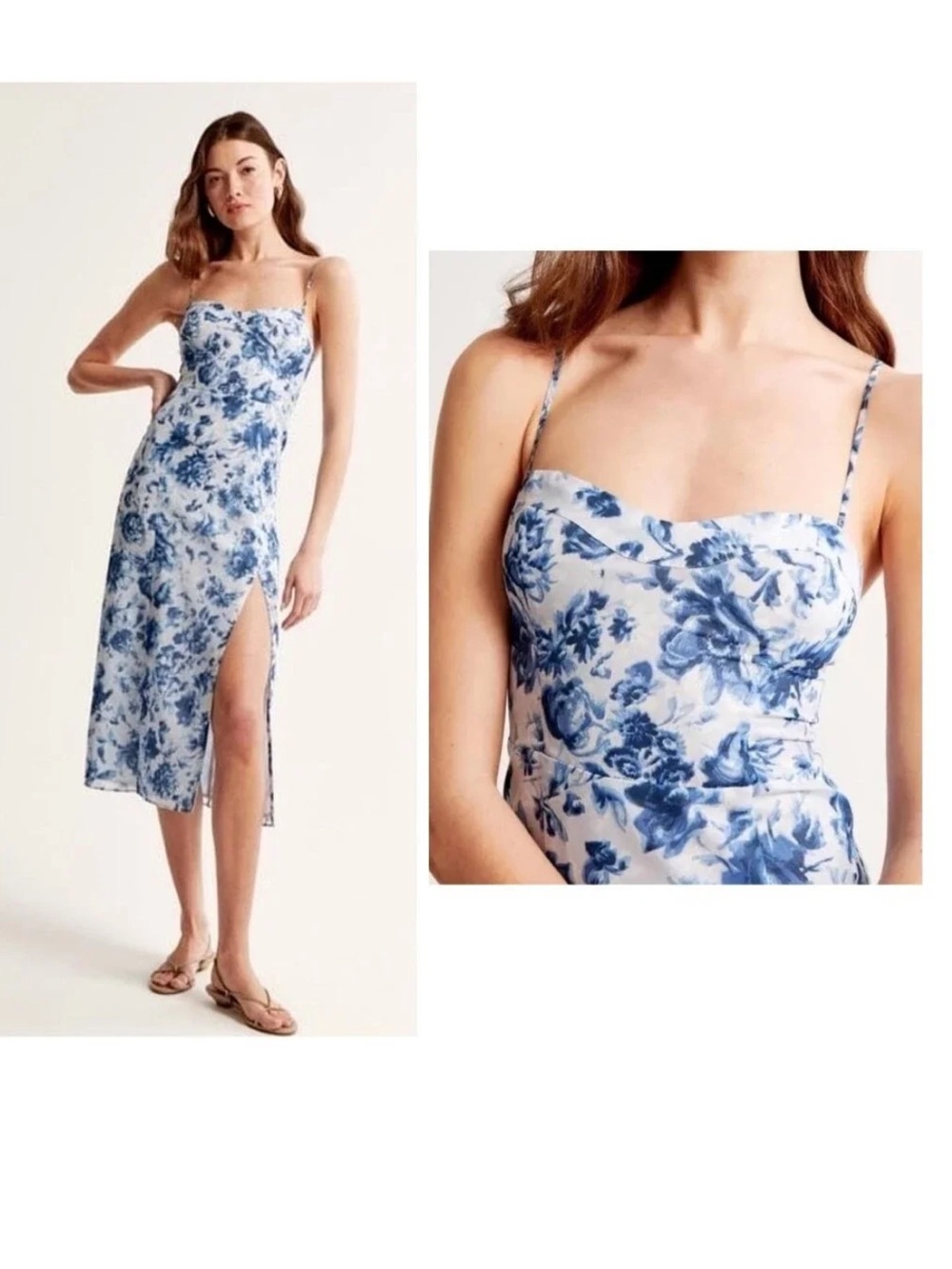 Abercrombie & Fitch Blue White Floral Bustier Sweetheart Slip Midi Dress Slit - Picture 6 of 14